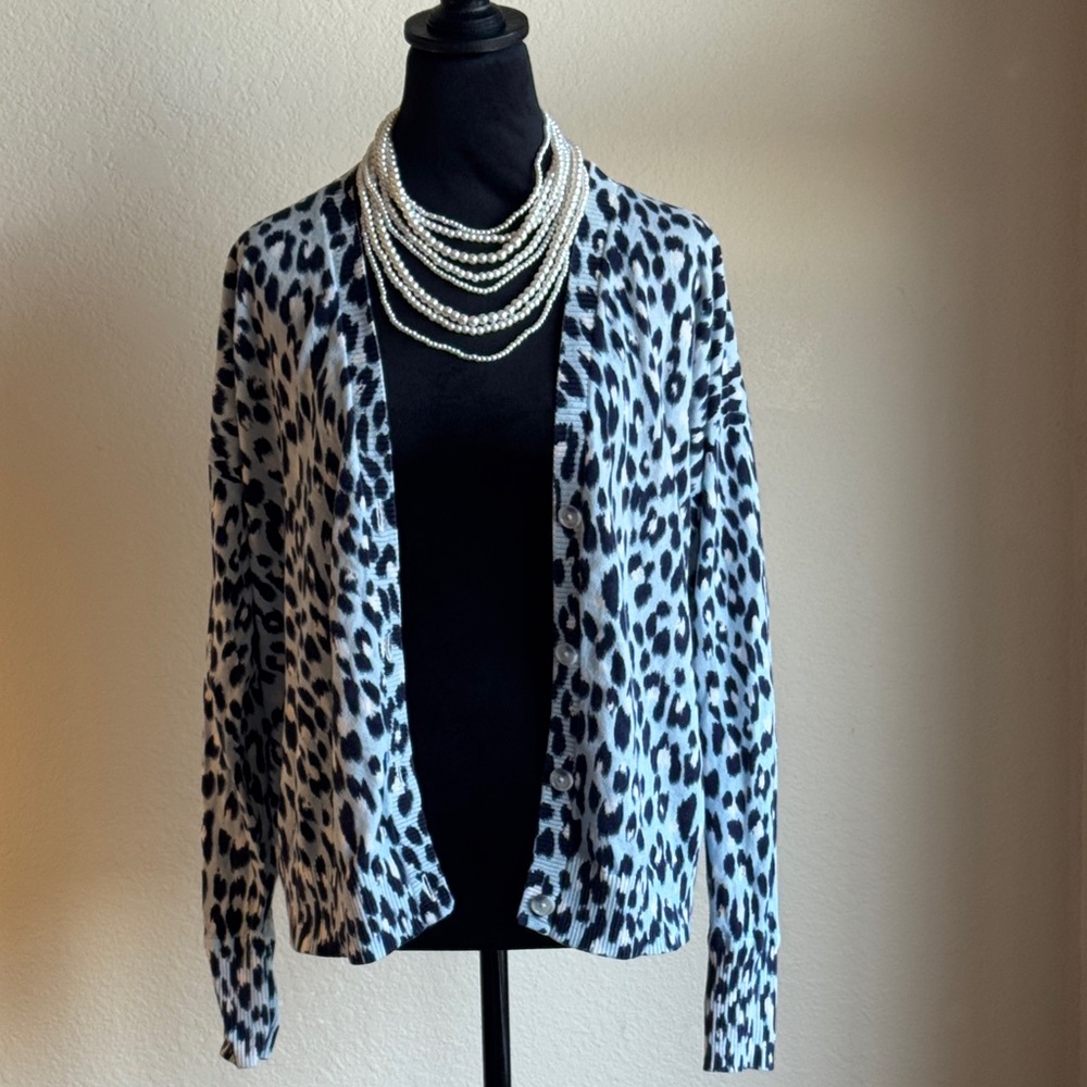 LOFT Navy Blue, Sky Blue & White Animal Print Cardigan - Picture 2 of 2